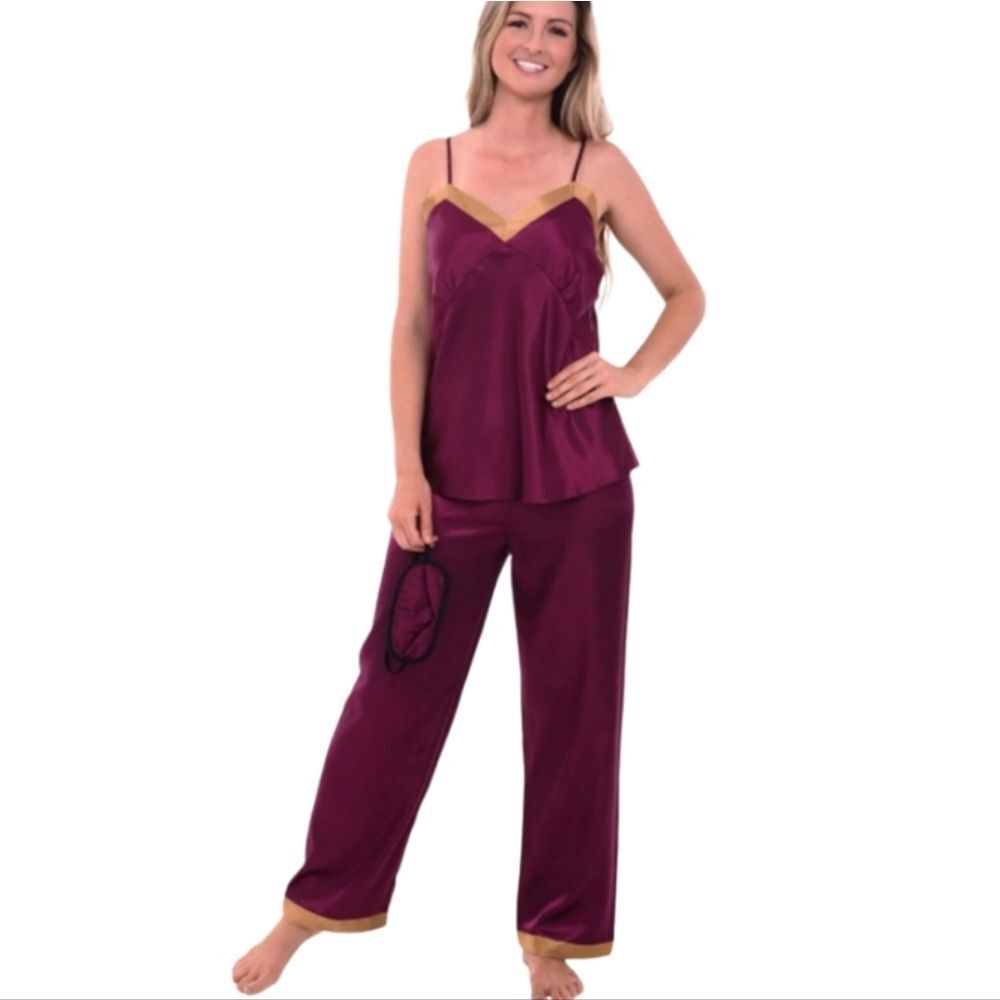 Silk-Feel Plum Pajama Set with Gold Trim - Women's Sleepwear